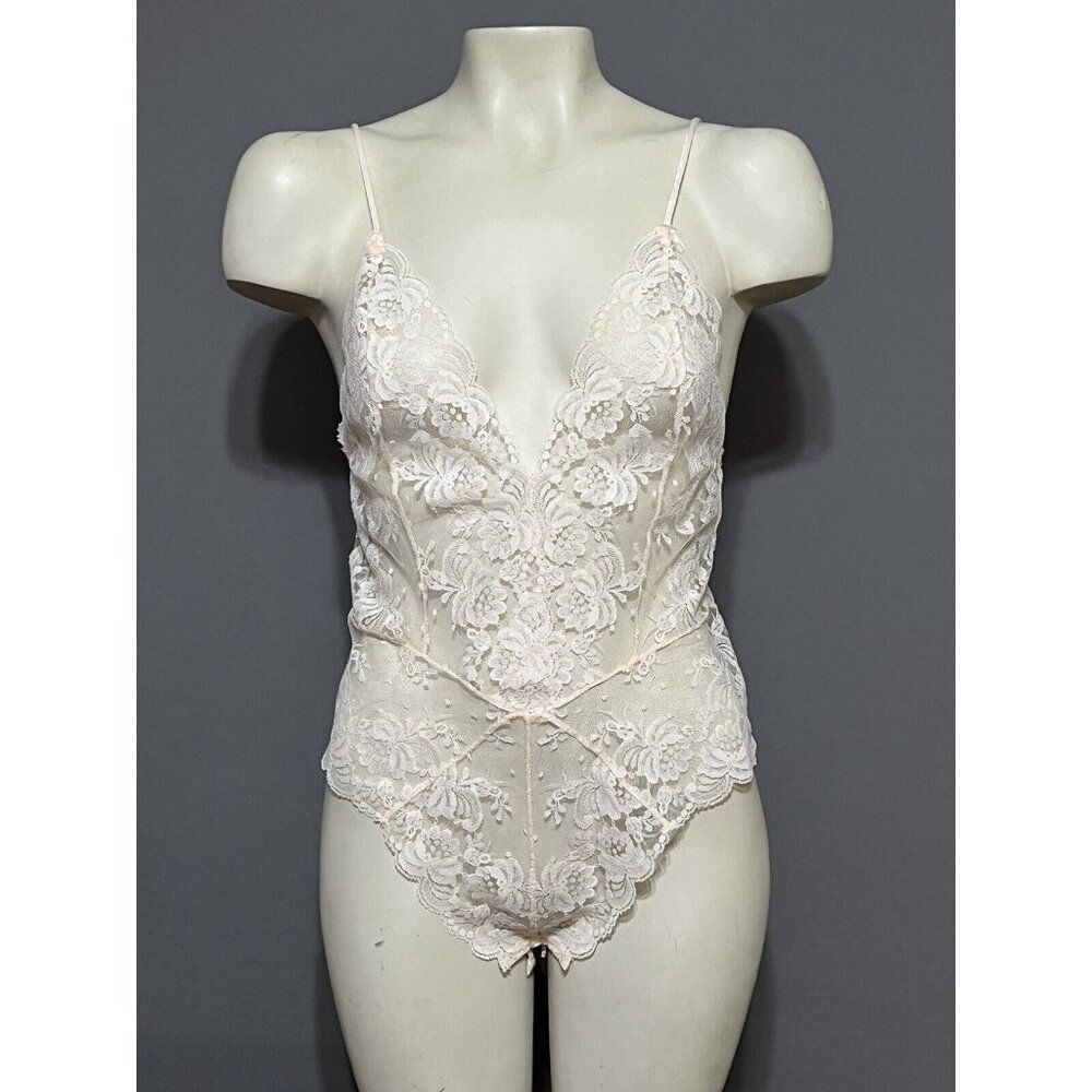 Barbizon Vtg Lingerie Bodysuit Women’s Small Sheer Baby Pink Lace Sexy